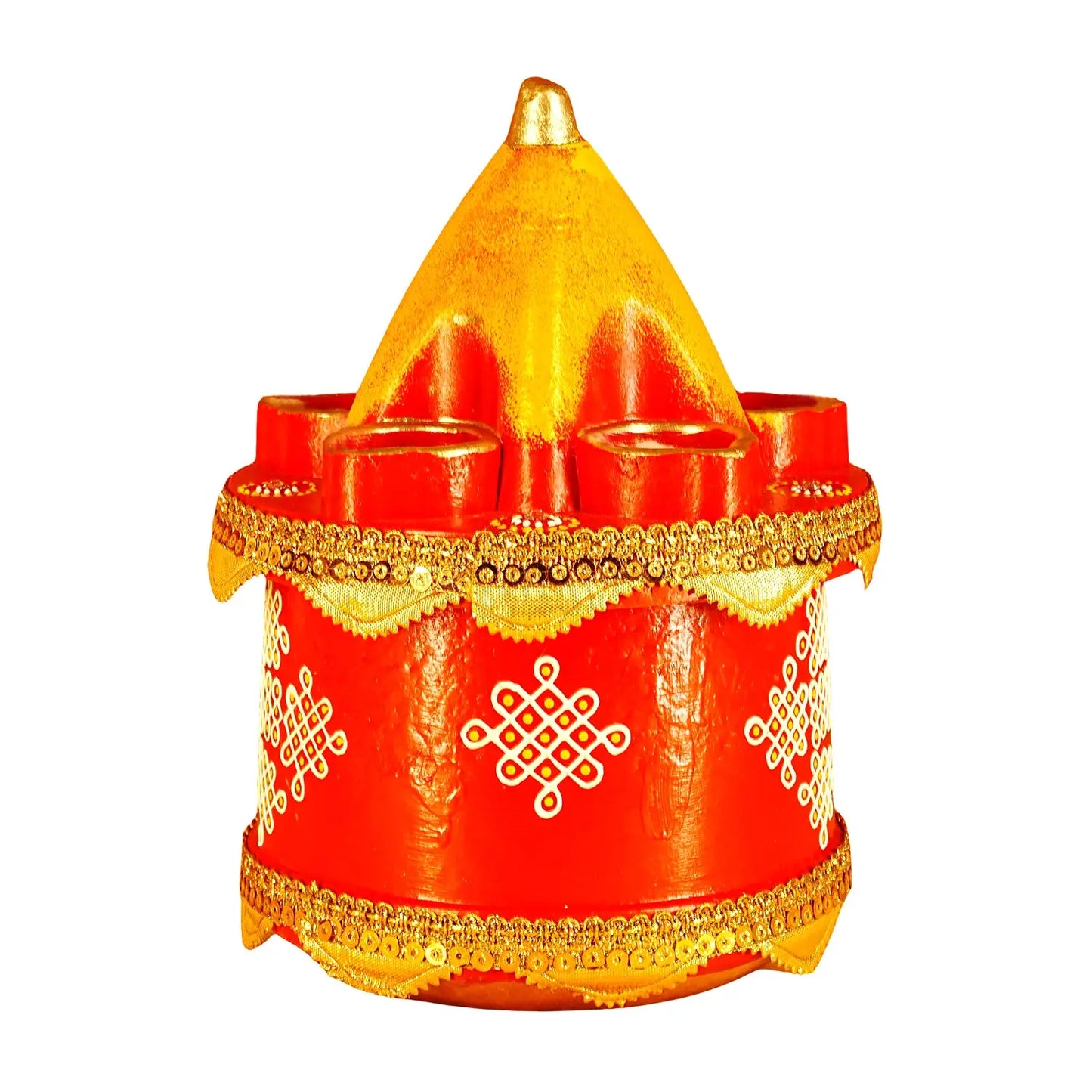 Decorative red and gold pot with a white symbol on a white background