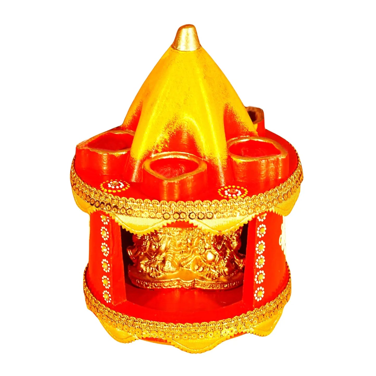Decorative item with red and gold colors on a white background