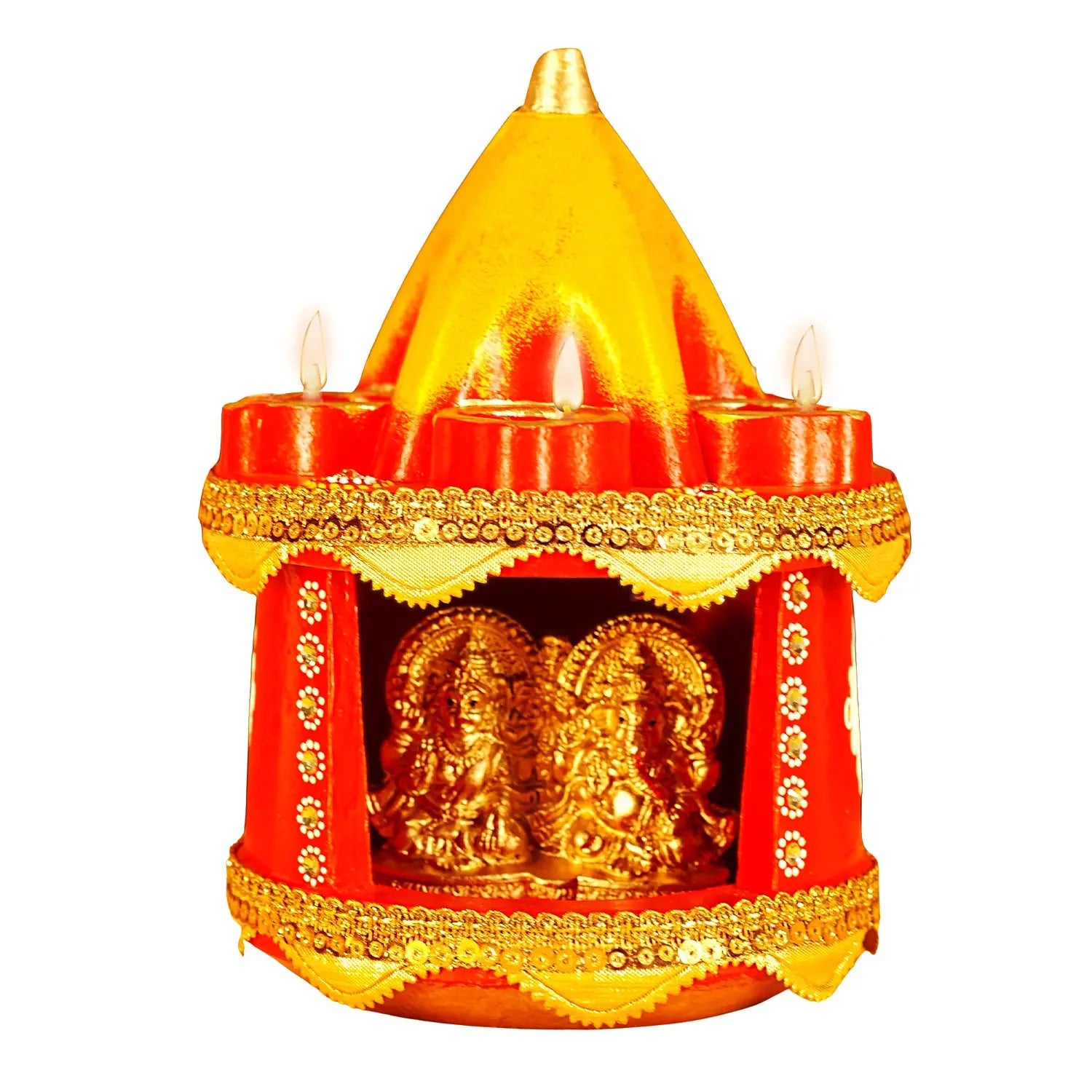 Decorative candle with yellow and red design on a white background