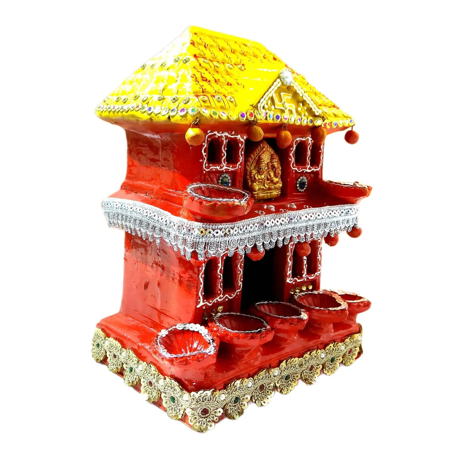 Decorative red and yellow temple model on a white background