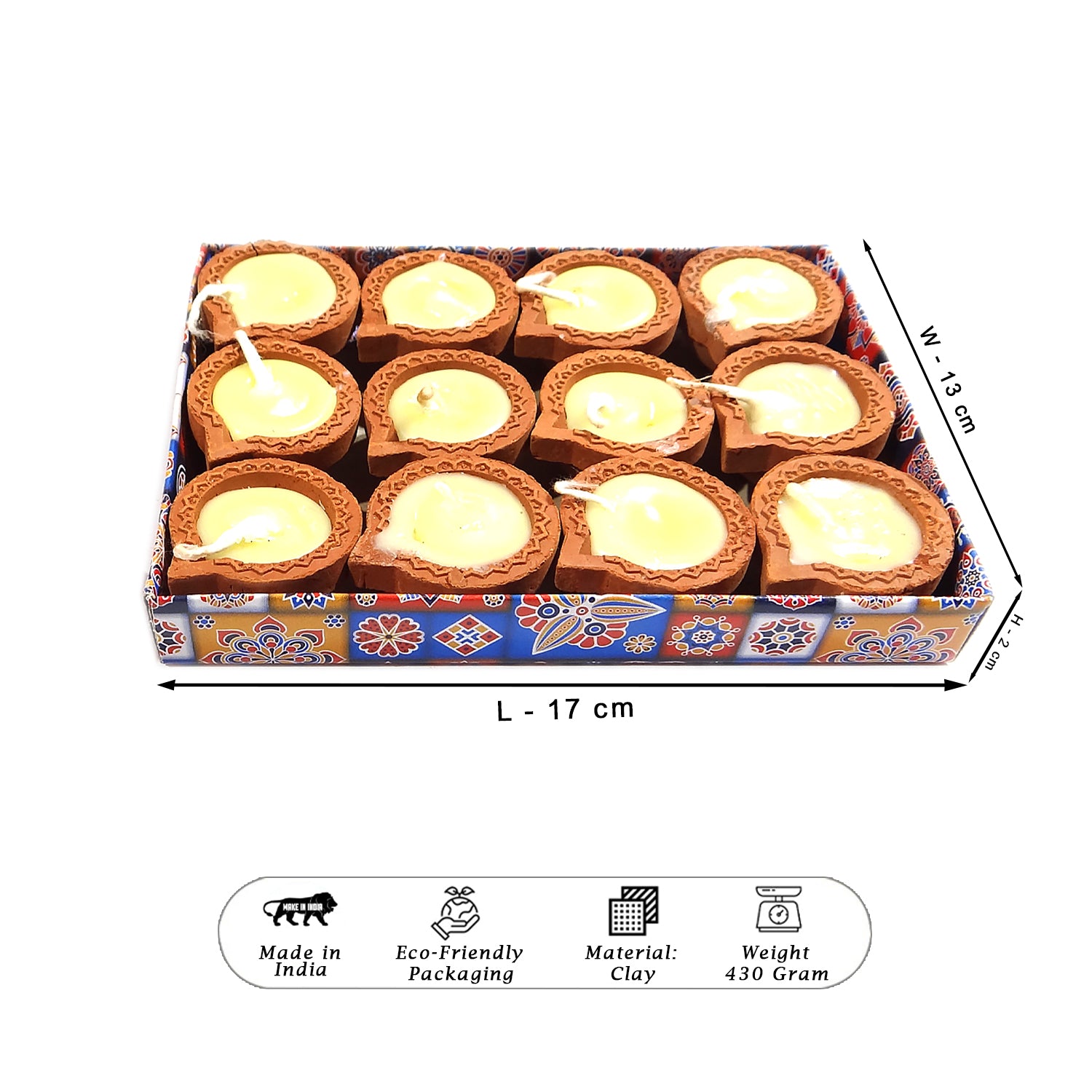 Box of clay Diyas with dimensions and product details on a white background