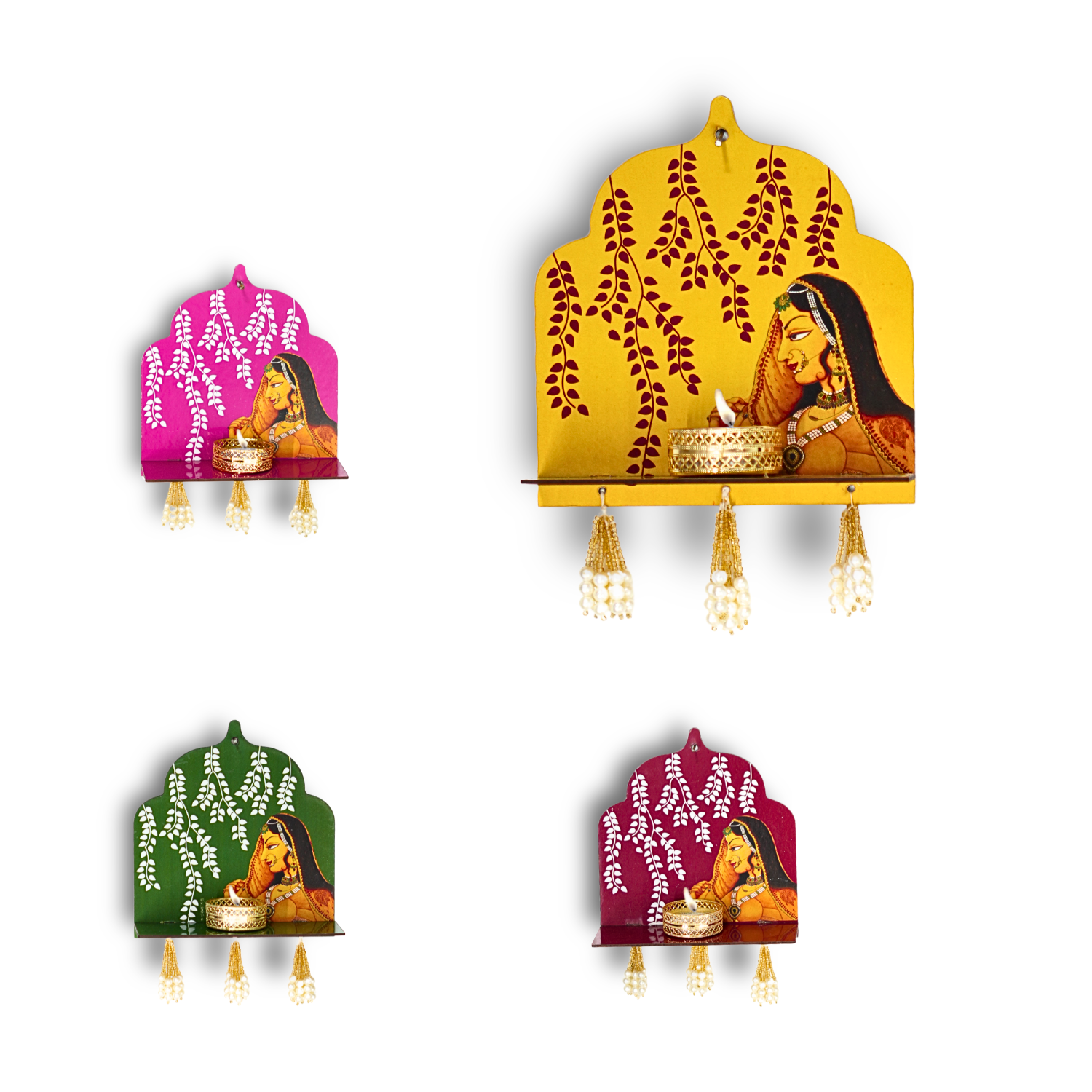 Set of four decorative wall shelves with artistic designs on a white background