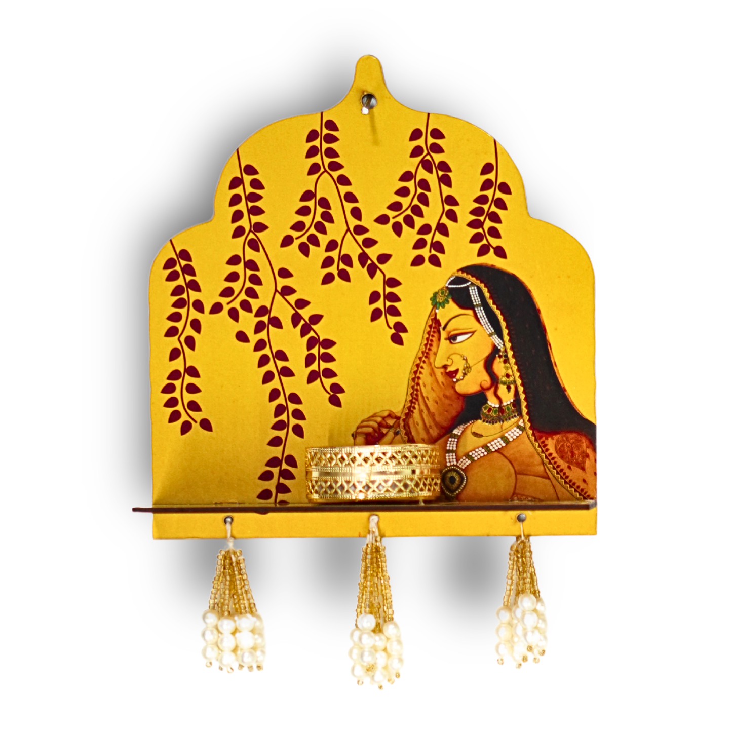 Decorative wall shelf with a yellow background featuring an illustration of a woman and leaves, with hanging lights.