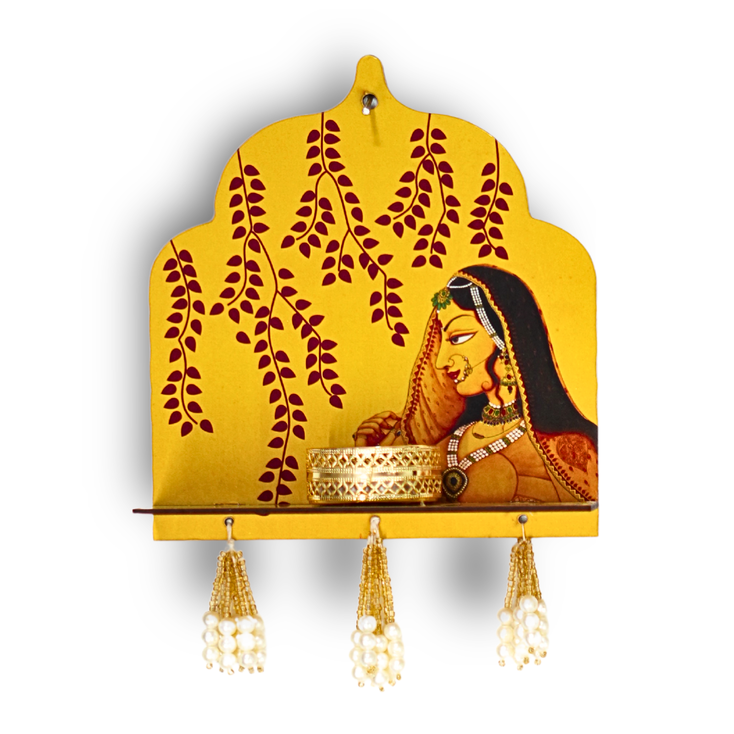 Decorative wall shelf with a yellow background featuring an illustration of a woman and leaves, with hanging lights.