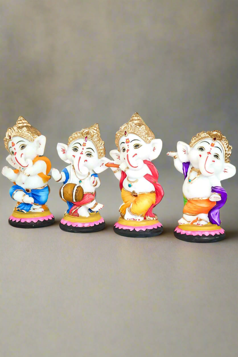 Resin Lord Ganesha Musical Set of 4 Statue | Hindu God Ganesha Playing Instruments | Decorative Figurines for Home Temple, Office & Gifting-Upharkaro