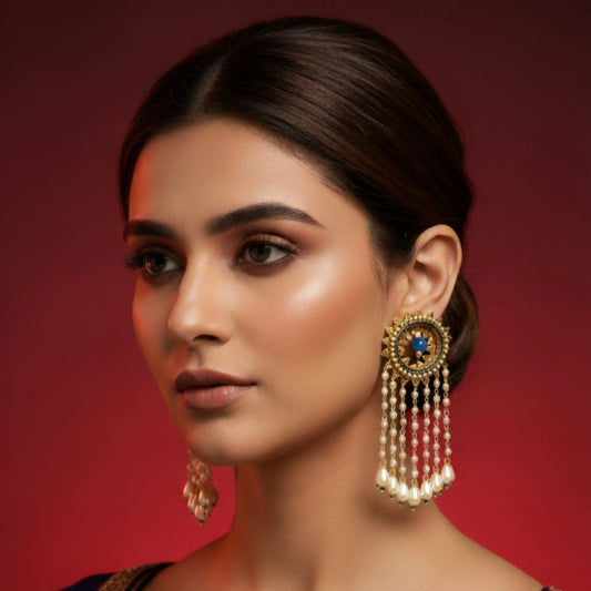 Woman wearing a pair of ornate earrings against a red background