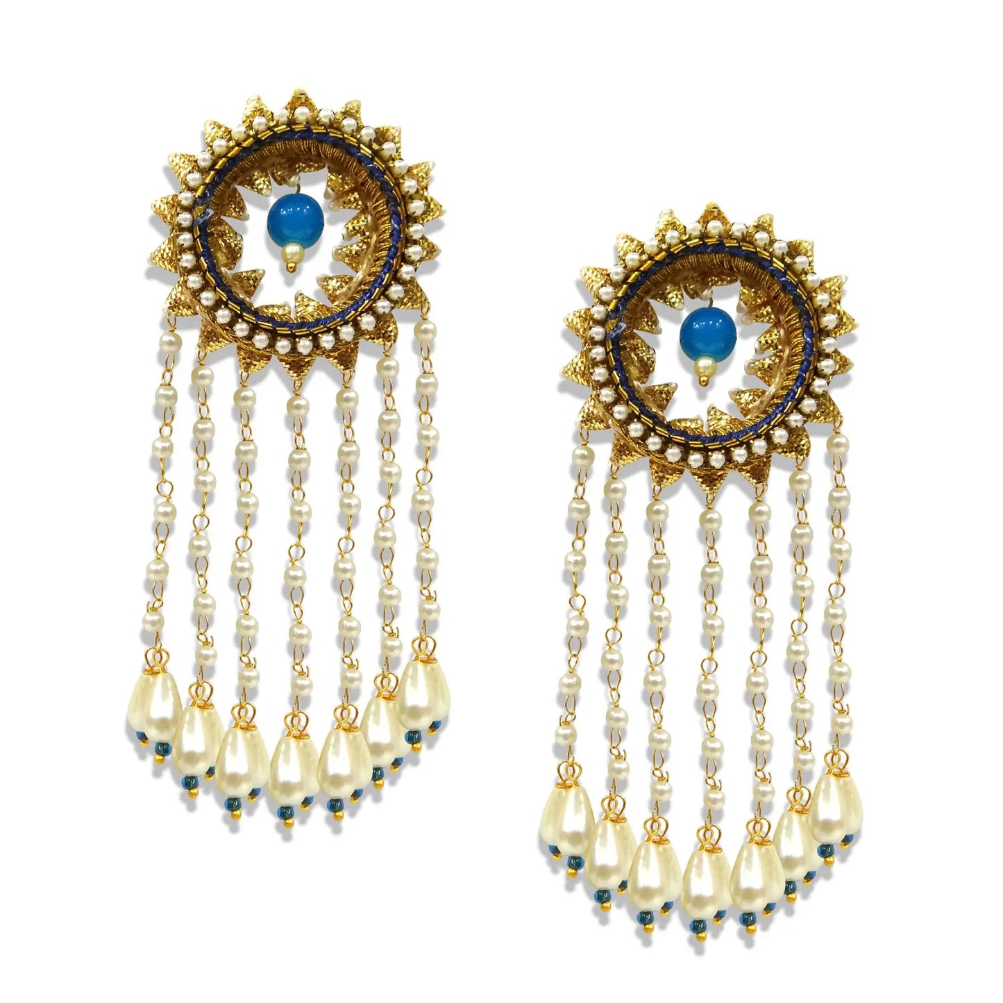 Pair of gold and blue beaded earrings on a white background