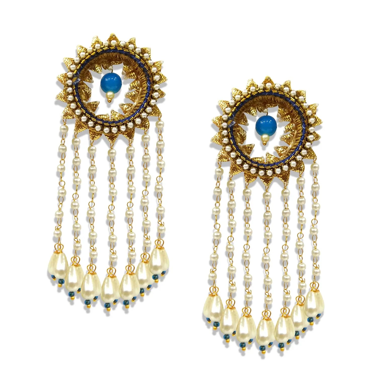 Pair of gold and blue beaded earrings on a white background