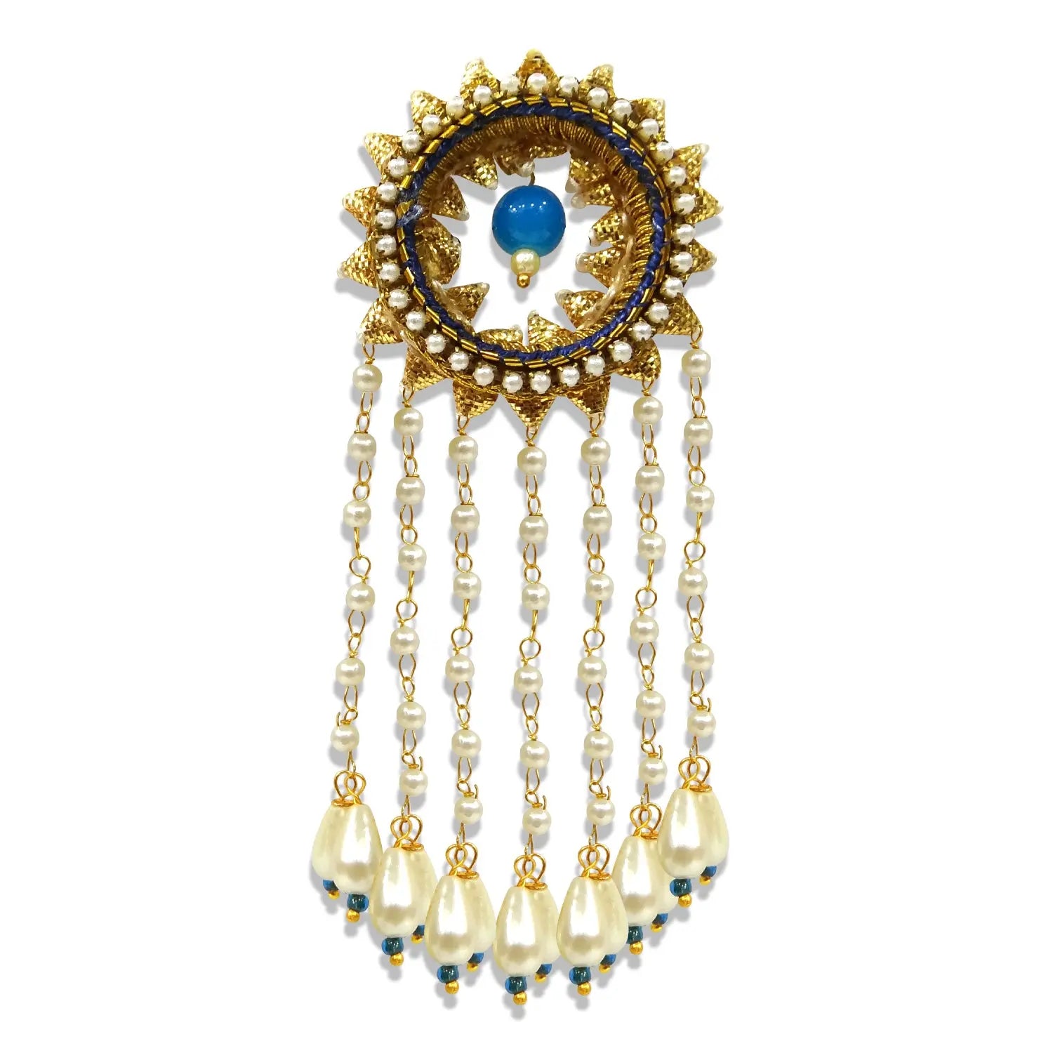 Decorative necklace with gold, blue, and pearl elements on a white background