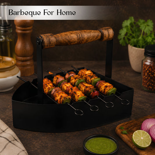 Premium Compact Iron Barbeque Grill for Home with 4 Skewer Sticks and Ergonomic Wooden Handle