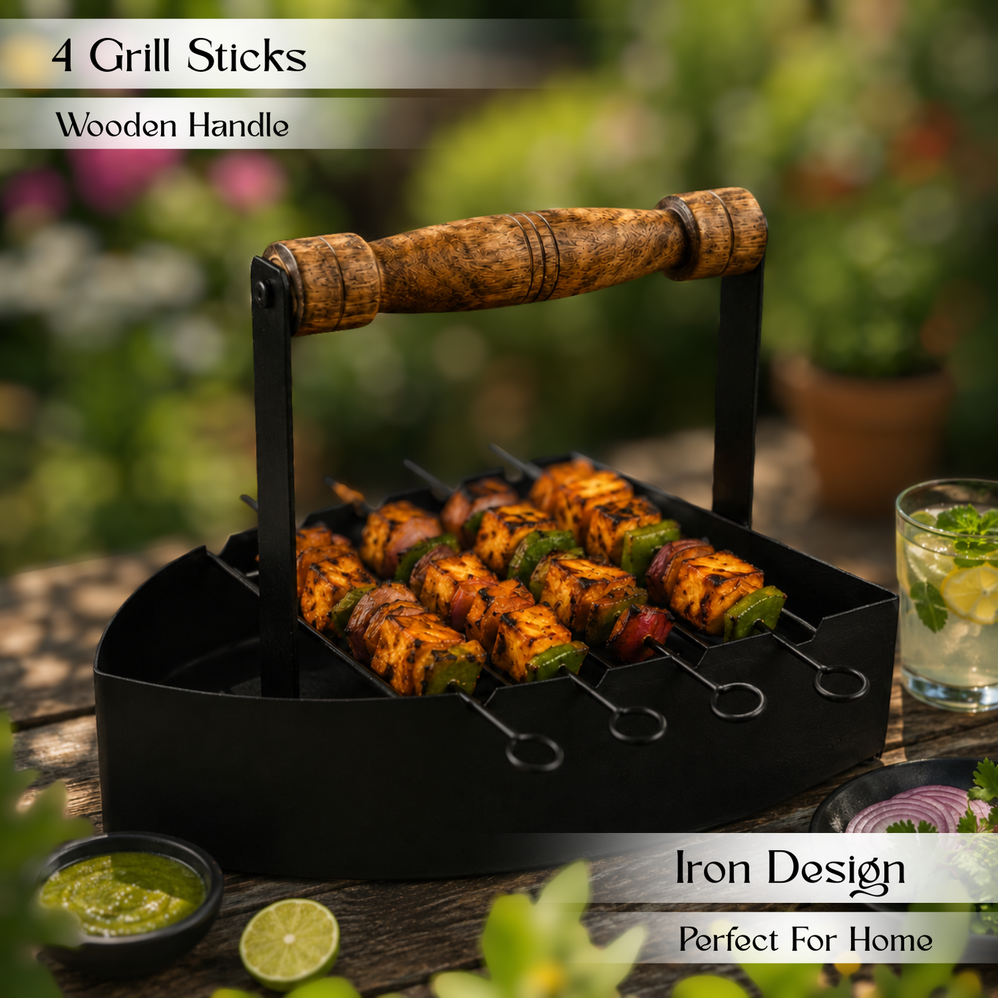 Premium Compact Iron Barbeque Grill for Home with 4 Skewer Sticks and Ergonomic Wooden Handle