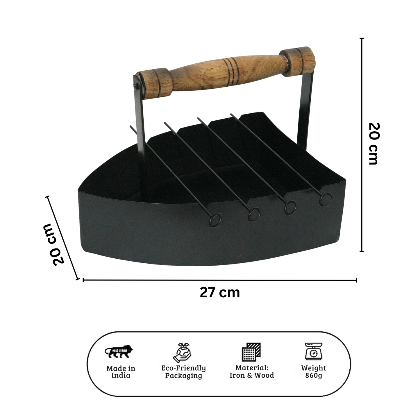 Premium Compact Iron Barbeque Grill for Home with 4 Skewer Sticks and Ergonomic Wooden Handle