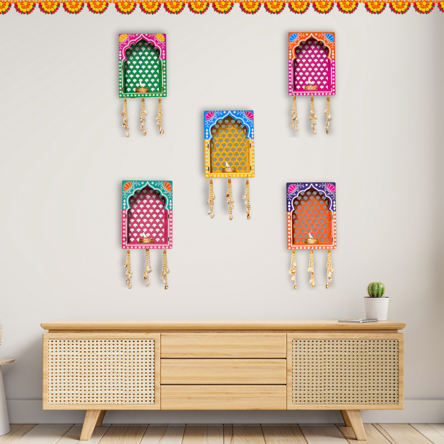 Handcrafted Rajasthani jharokha wall hanging set of 5 with diya & pearl latkan. Perfect for home, mandir, Diwali & gifting.