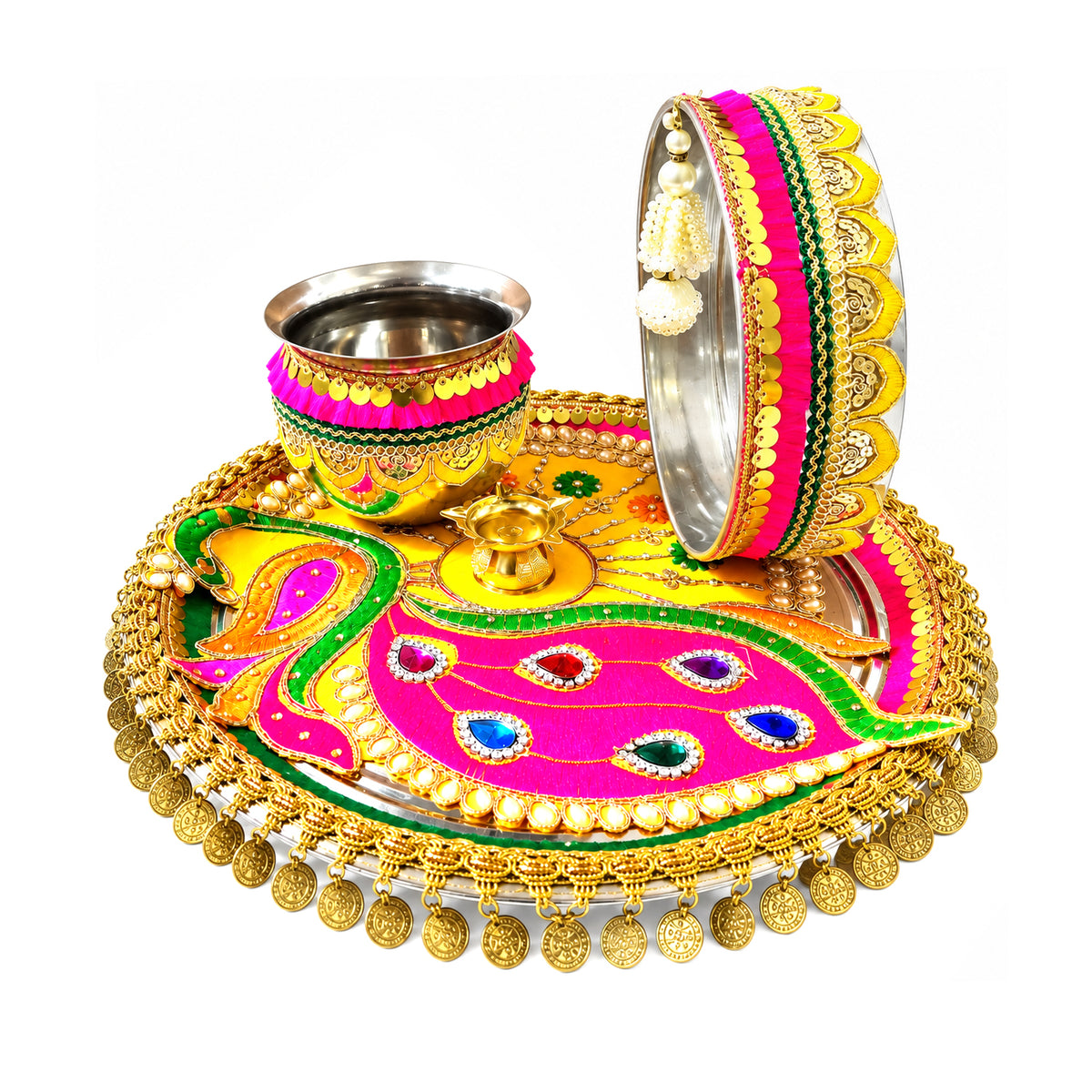 Beautifully Decorated Karwa Chauth Thali Set with Pooja Book & Mata Poster – 41% Off | By Upharkaro