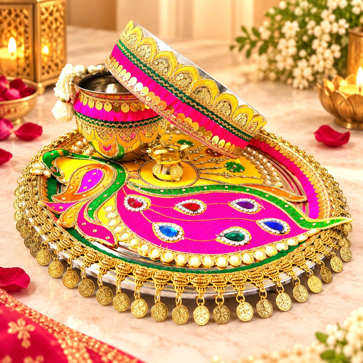 Beautifully Decorated Karwa Chauth Thali Set with Pooja Book & Mata Poster – 41% Off | By Upharkaro