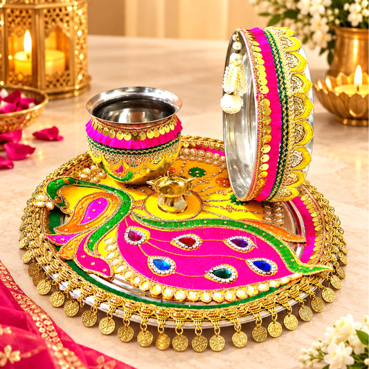 Beautifully Decorated Karwa Chauth Thali Set with Pooja Book & Mata Poster – 41% Off | By Upharkaro