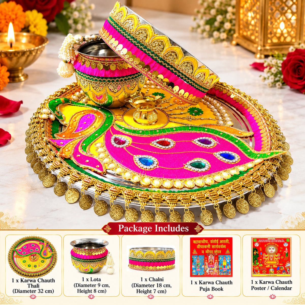Beautifully Decorated Karwa Chauth Thali Set with Pooja Book & Mata Poster – 41% Off | By Upharkaro