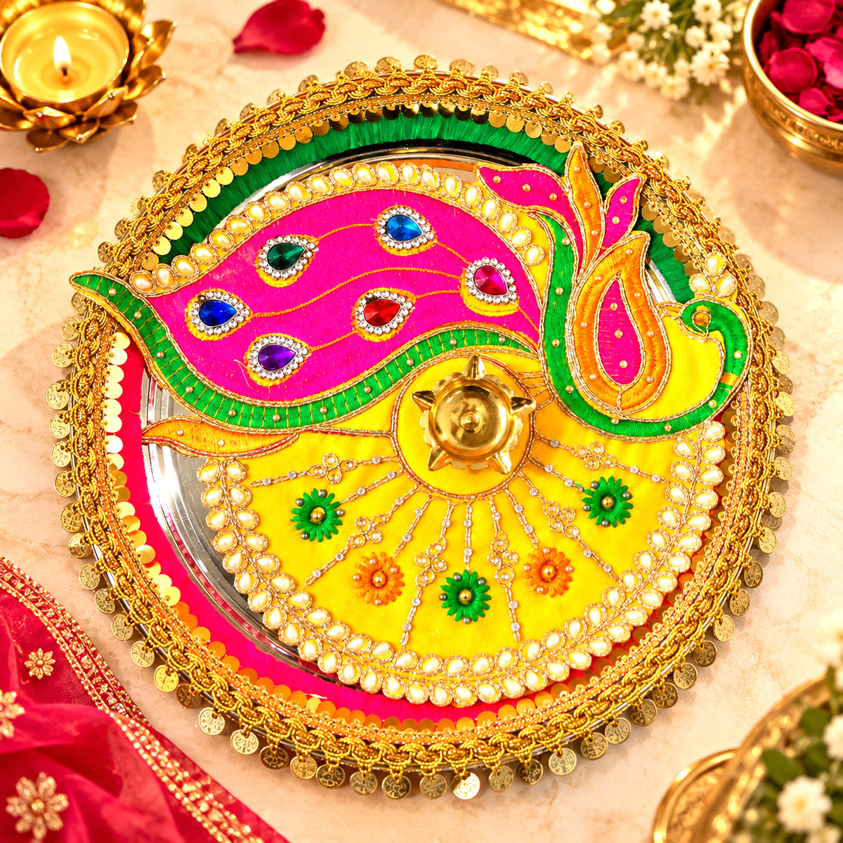 Beautifully Decorated Karwa Chauth Thali Set with Pooja Book & Mata Poster – 41% Off | By Upharkaro