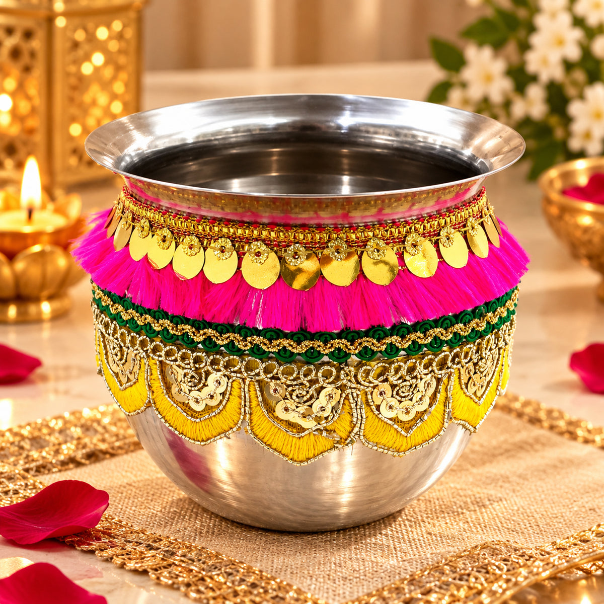 Beautifully Decorated Karwa Chauth Thali Set with Pooja Book & Mata Poster – 41% Off | By Upharkaro