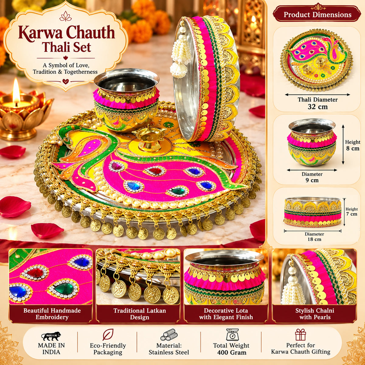 Beautifully Decorated Karwa Chauth Thali Set with Pooja Book & Mata Poster – 41% Off | By Upharkaro