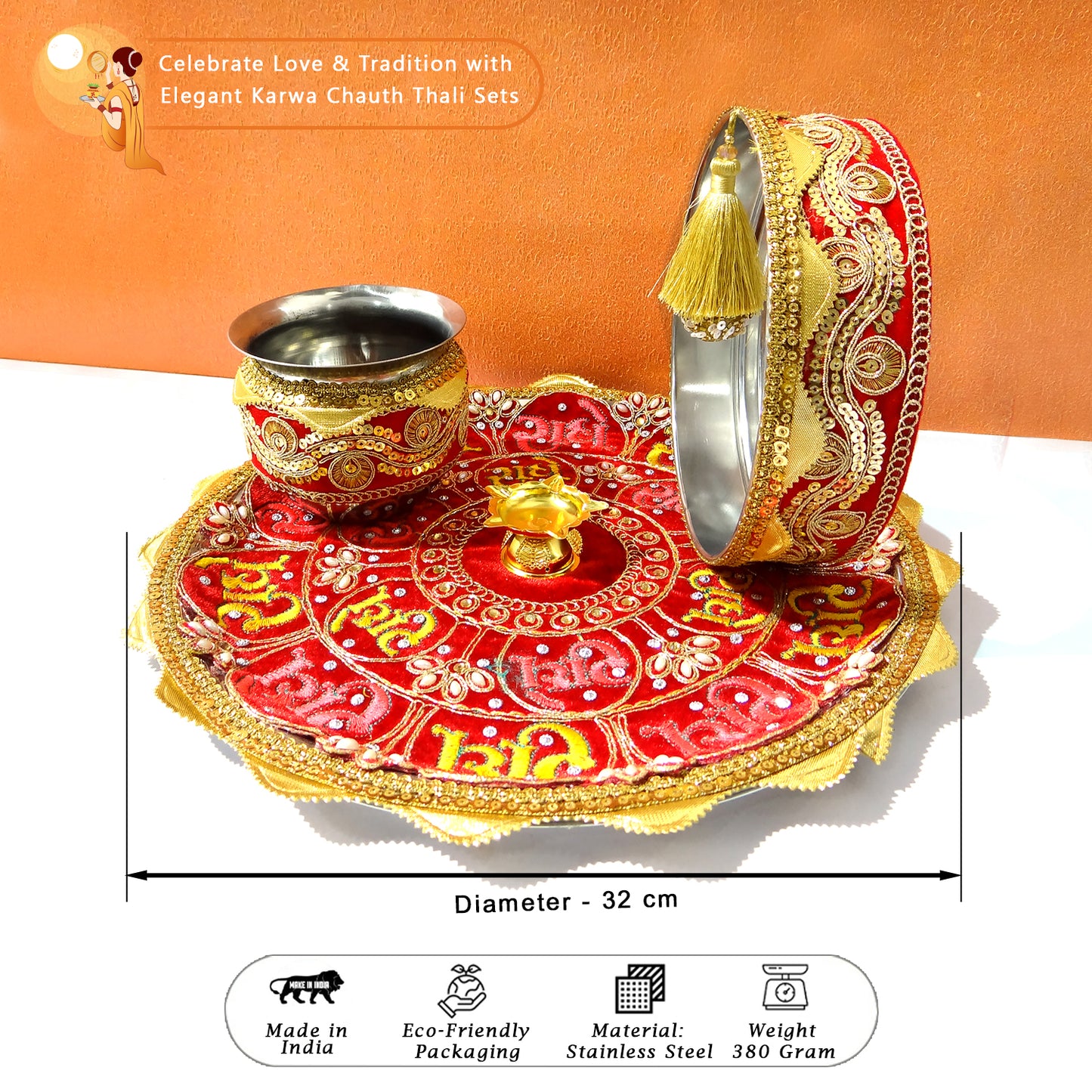 Decorative Karva Chauth Thali set with a tray, cup, and bangles on an orange background.