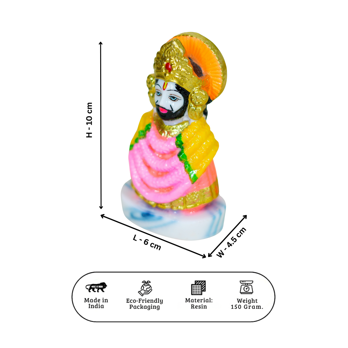 Colorful figurine with measurements and product details on a white background