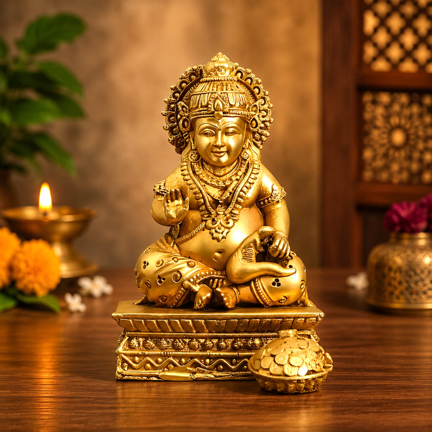 Brass Kuber Idol for Wealth & Good Fortune | Decorative Lord Kuber Statue for Home, Office, Temple & Gift | Handmade Hindu God Sculpture – Golden Finish 2 Inch