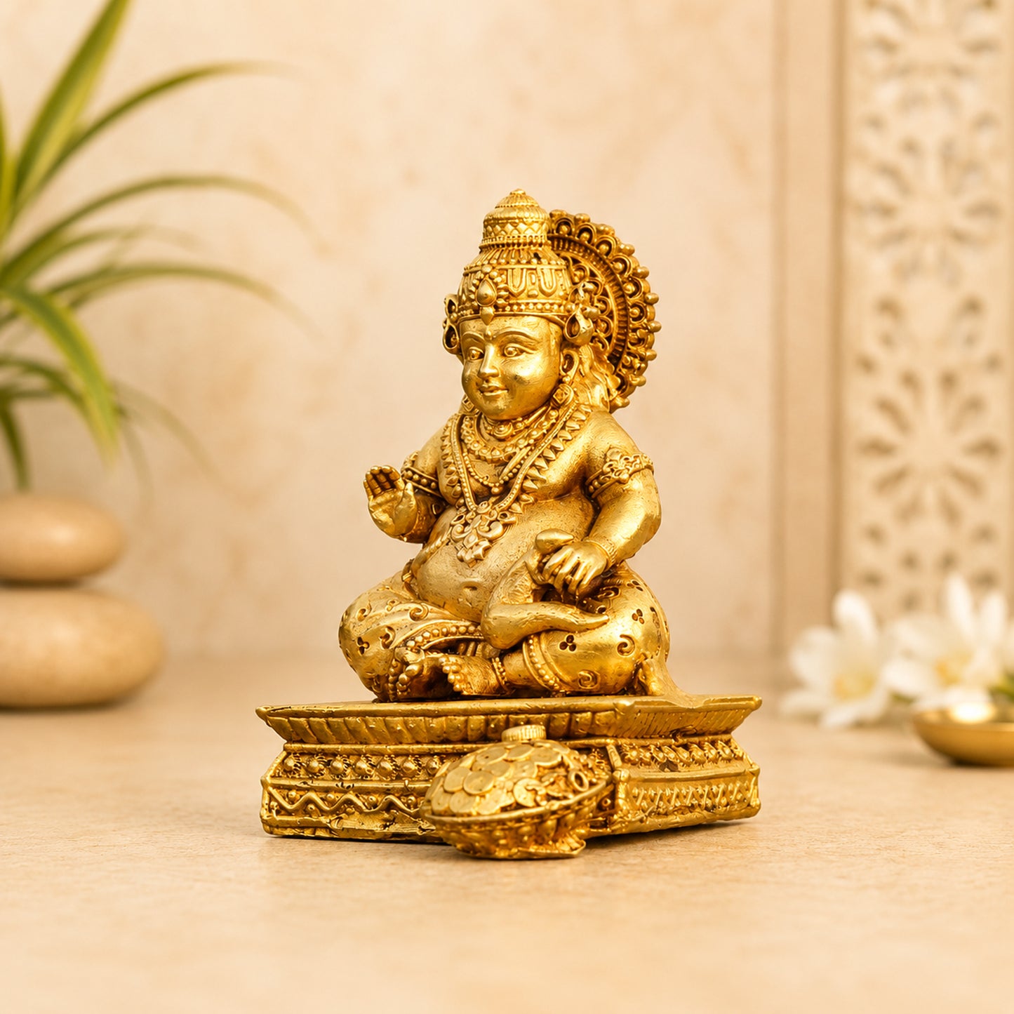 Brass Kuber Idol for Wealth & Good Fortune | Decorative Lord Kuber Statue for Home, Office, Temple & Gift | Handmade Hindu God Sculpture – Golden Finish 2 Inch