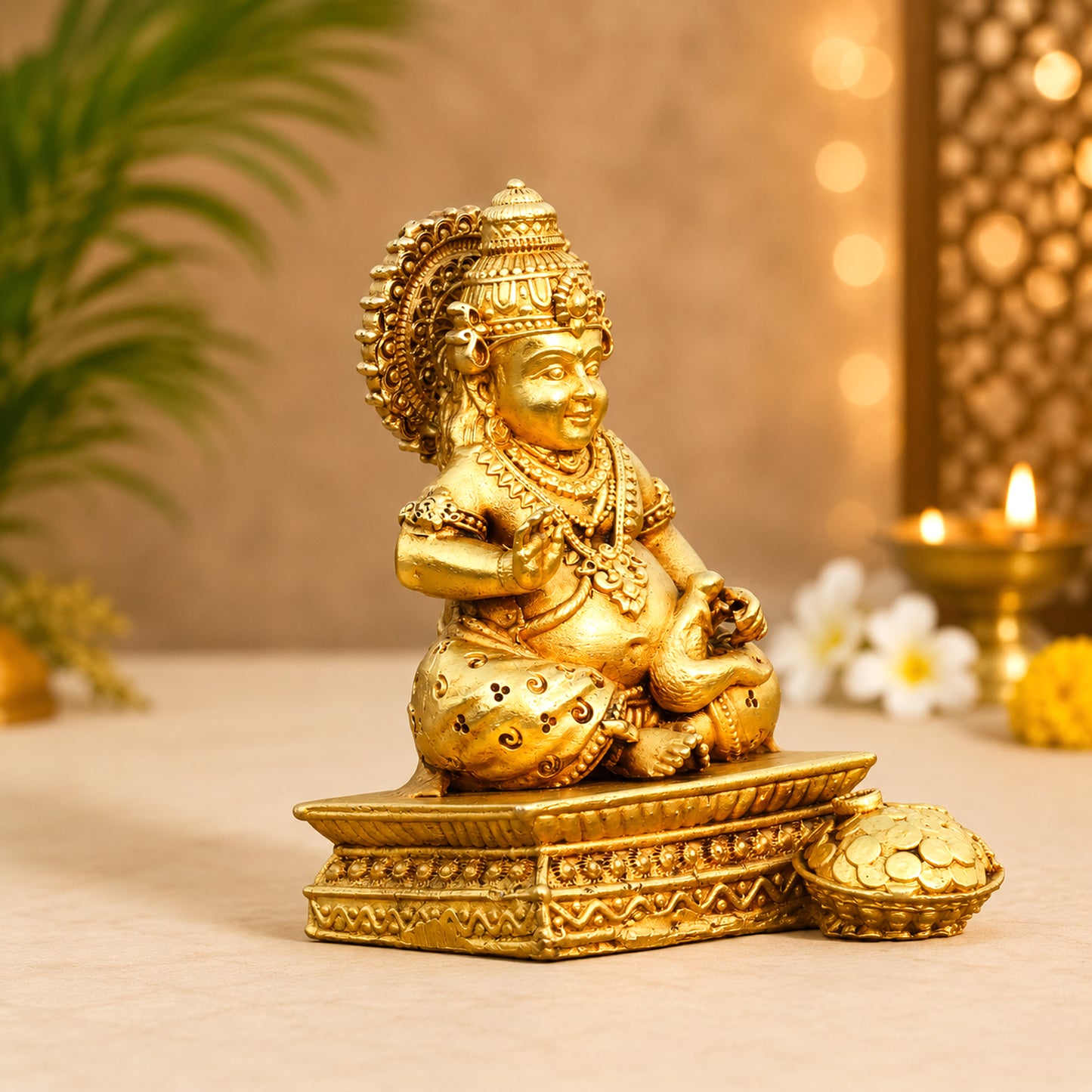 Brass Kuber Idol for Wealth & Good Fortune | Decorative Lord Kuber Statue for Home, Office, Temple & Gift | Handmade Hindu God Sculpture – Golden Finish 2 Inch