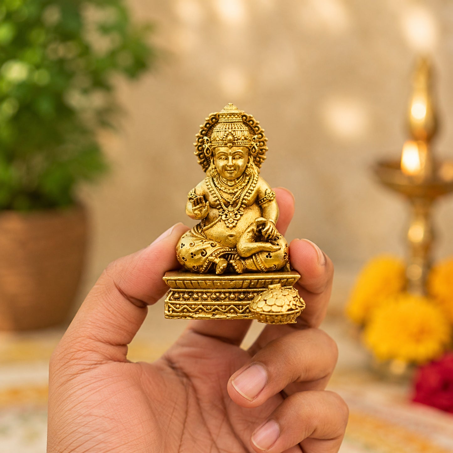 Brass Kuber Idol for Wealth & Good Fortune | Decorative Lord Kuber Statue for Home, Office, Temple & Gift | Handmade Hindu God Sculpture – Golden Finish 2 Inch