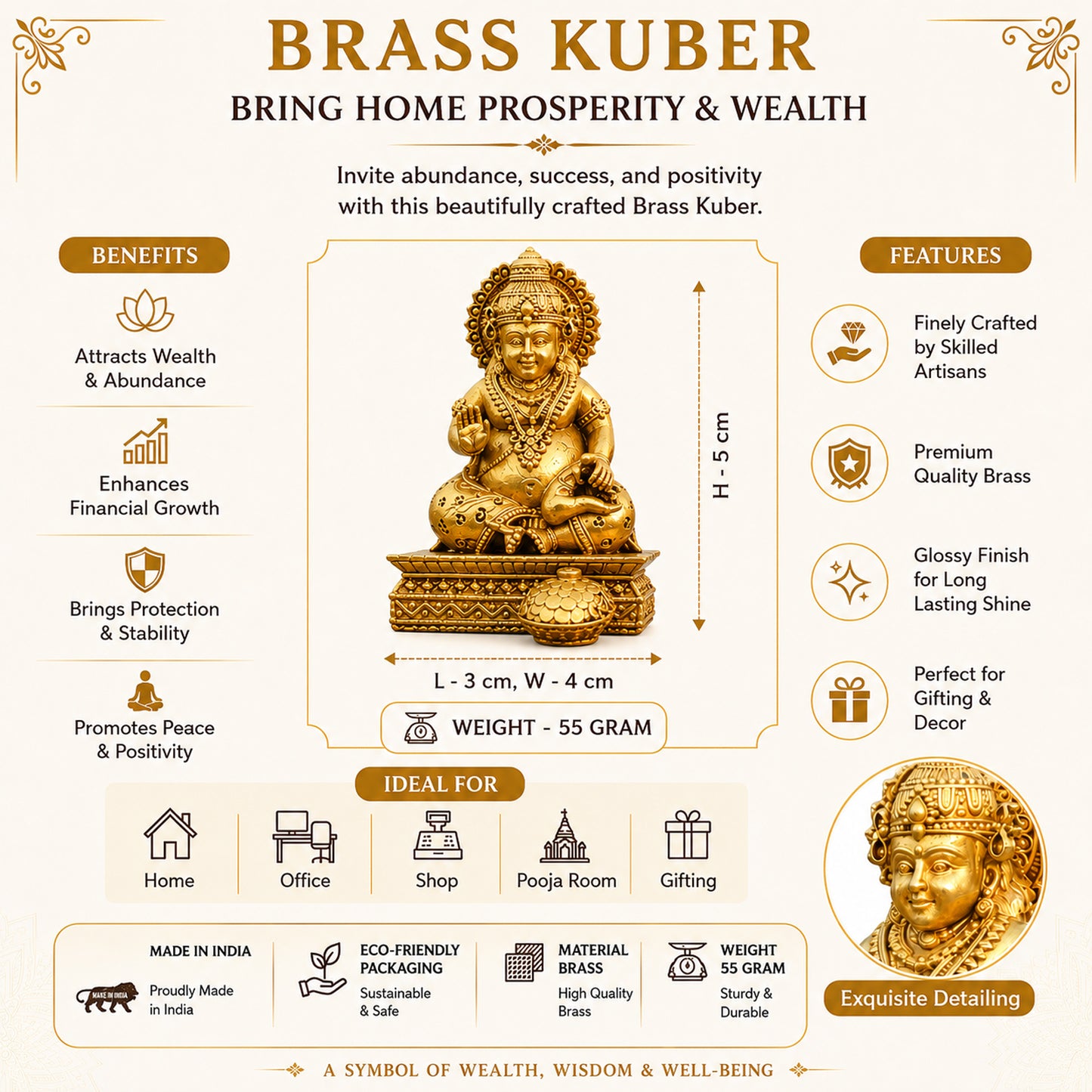 Brass Kuber Idol for Wealth & Good Fortune | Decorative Lord Kuber Statue for Home, Office, Temple & Gift | Handmade Hindu God Sculpture – Golden Finish 2 Inch