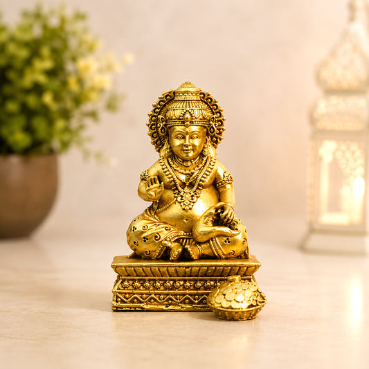 Brass Kuber Idol for Wealth & Good Fortune | Decorative Lord Kuber Statue for Home, Office, Temple & Gift | Handmade Hindu God Sculpture – Golden Finish 2 Inch
