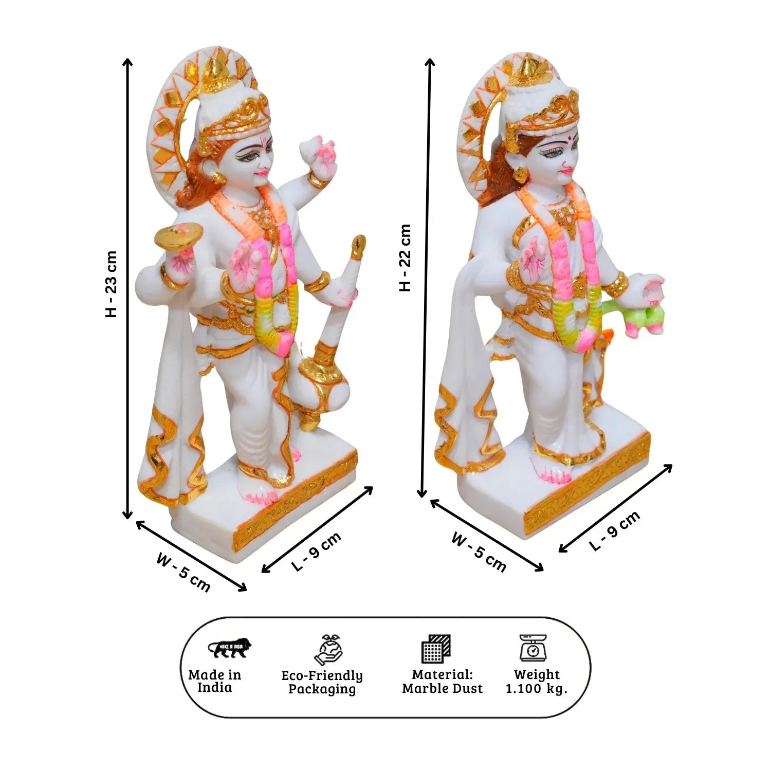 Two statues with measurements on a white background