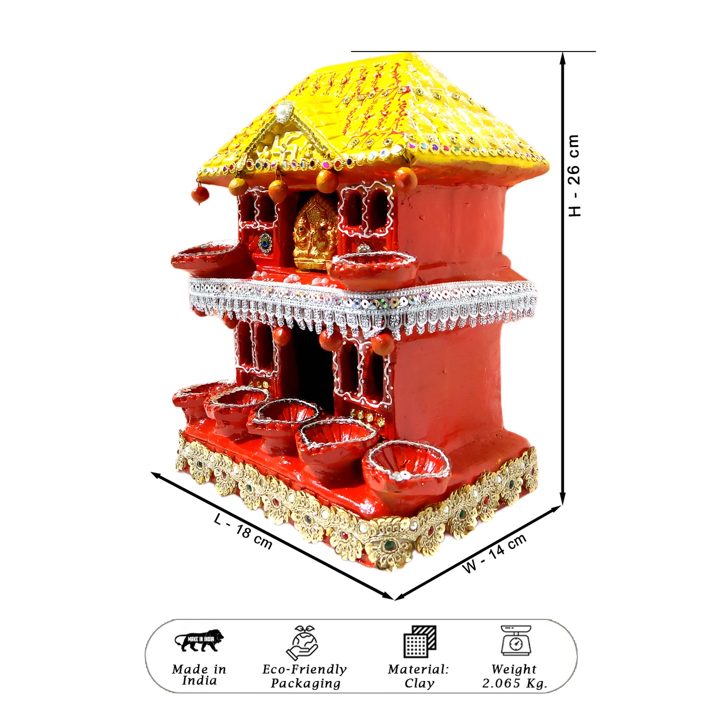 Decorative red and yellow house-shaped object with measurements on a white background