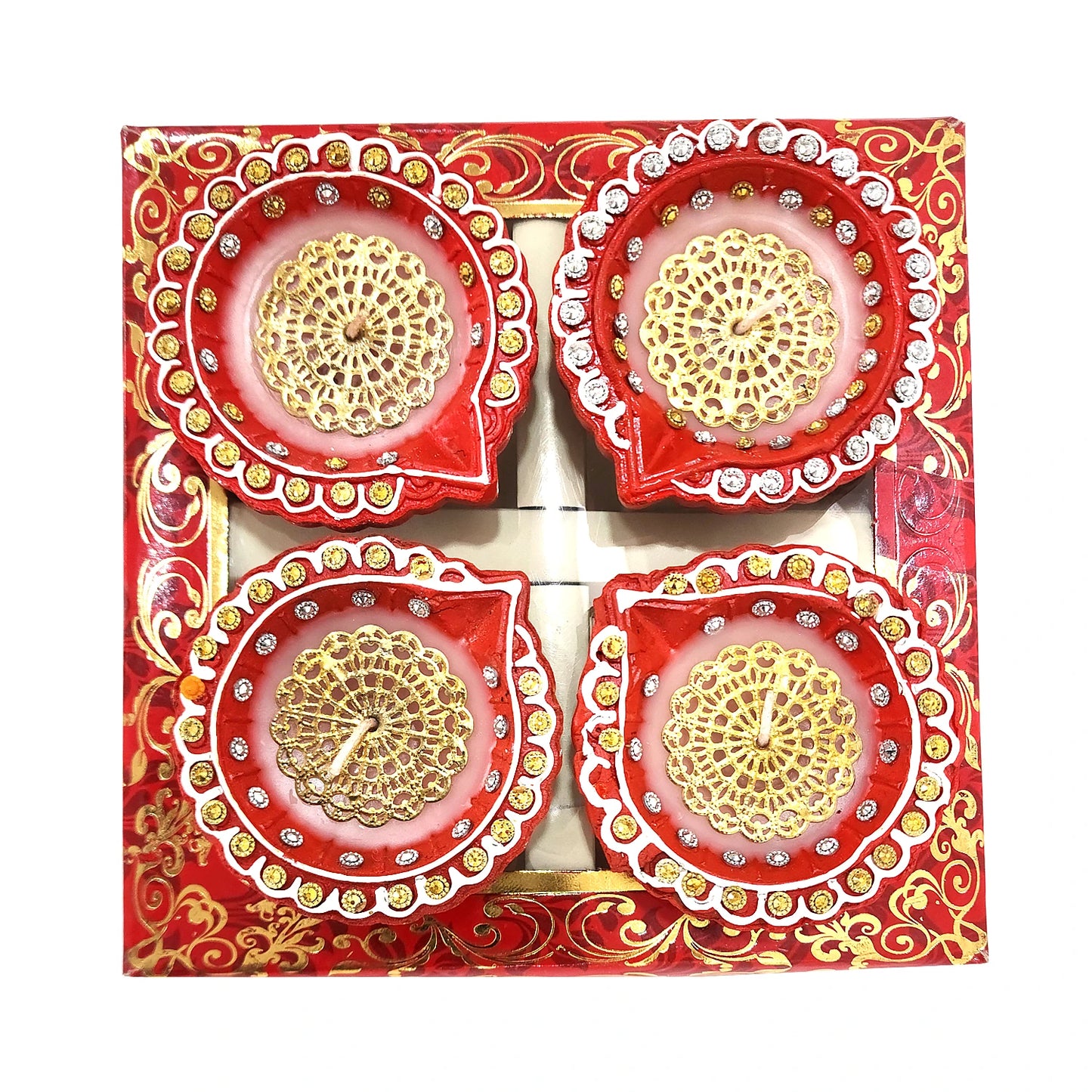 Decorative red and gold items in a box with intricate patterns