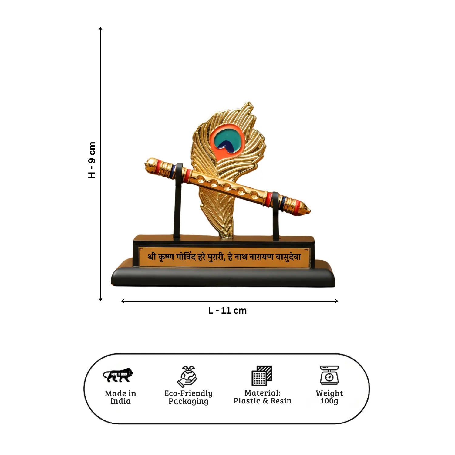 Decorative item with a bird and flute on a stand, featuring dimensions and product details.