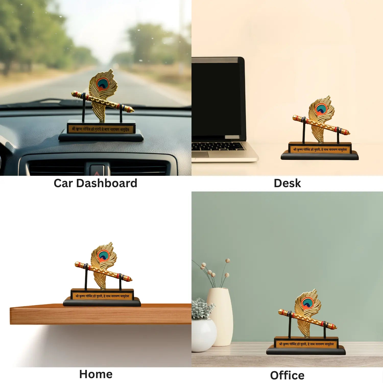 Decorative item on car dashboard, desk, home shelf, and office setting.