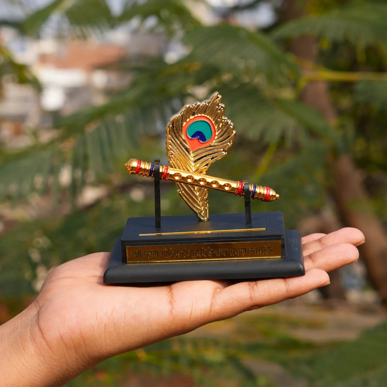 Decorative peacock feather award held in a hand with a blurred green background