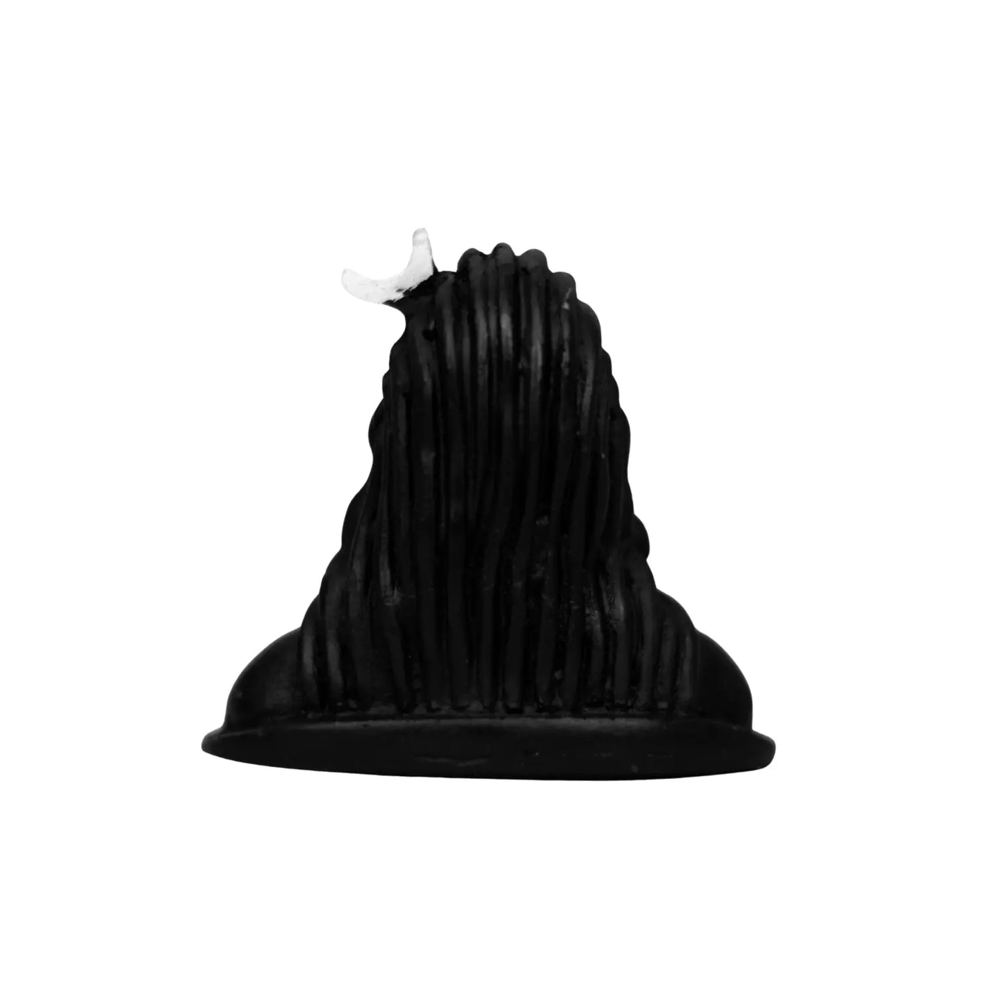 Black figurine with long hair and a white horn on a white background