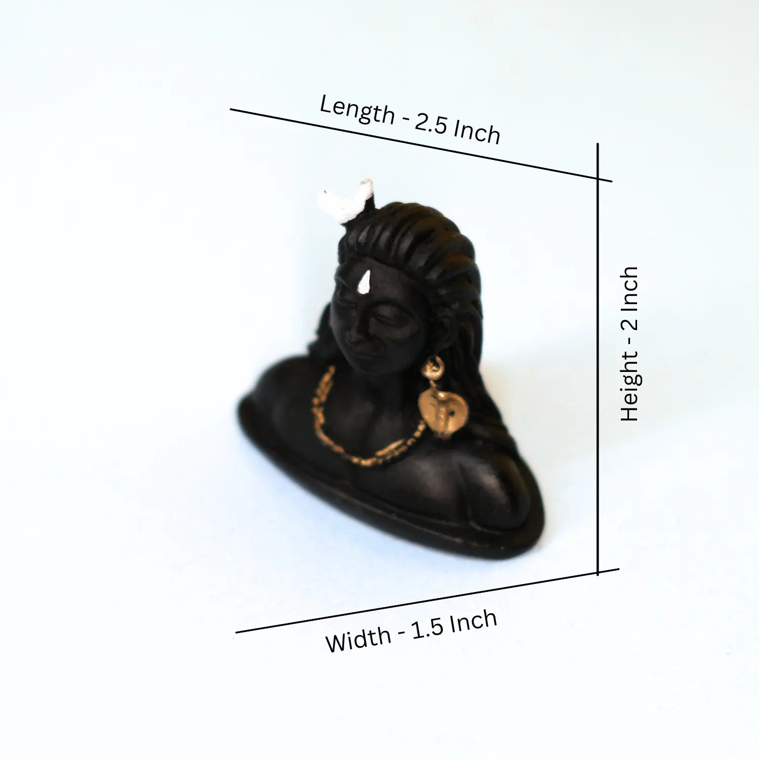 Black figurine with gold accents on a white background with measurements indicated.