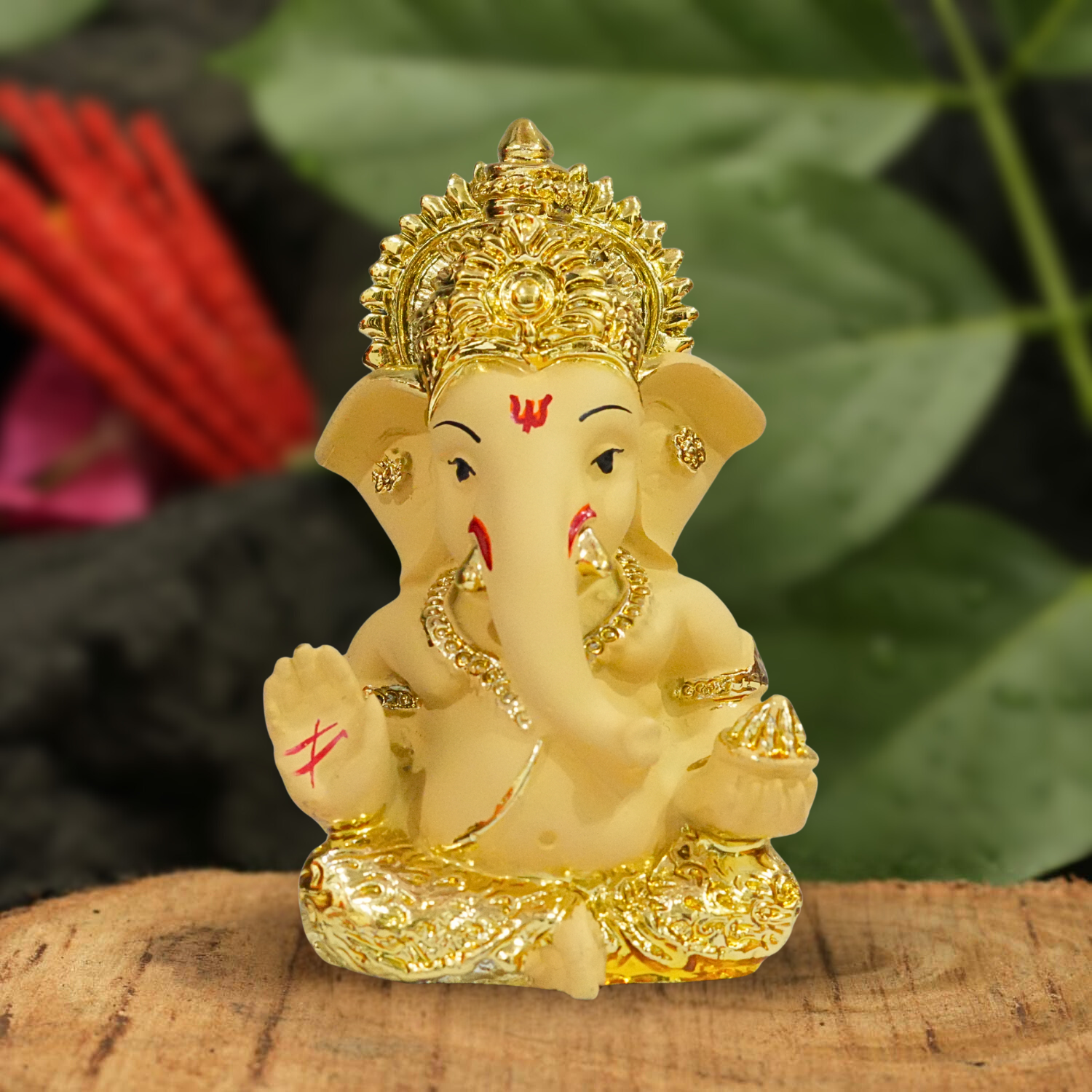 Upharkaro Cream & Gold Finish Lord Ganesha Idol (7.5 cm) – Resin Ganpati Murti for Home Mandir, Office Desk & Car Dashboard | Auspicious Gift for Diwali, Ganesh Chaturthi