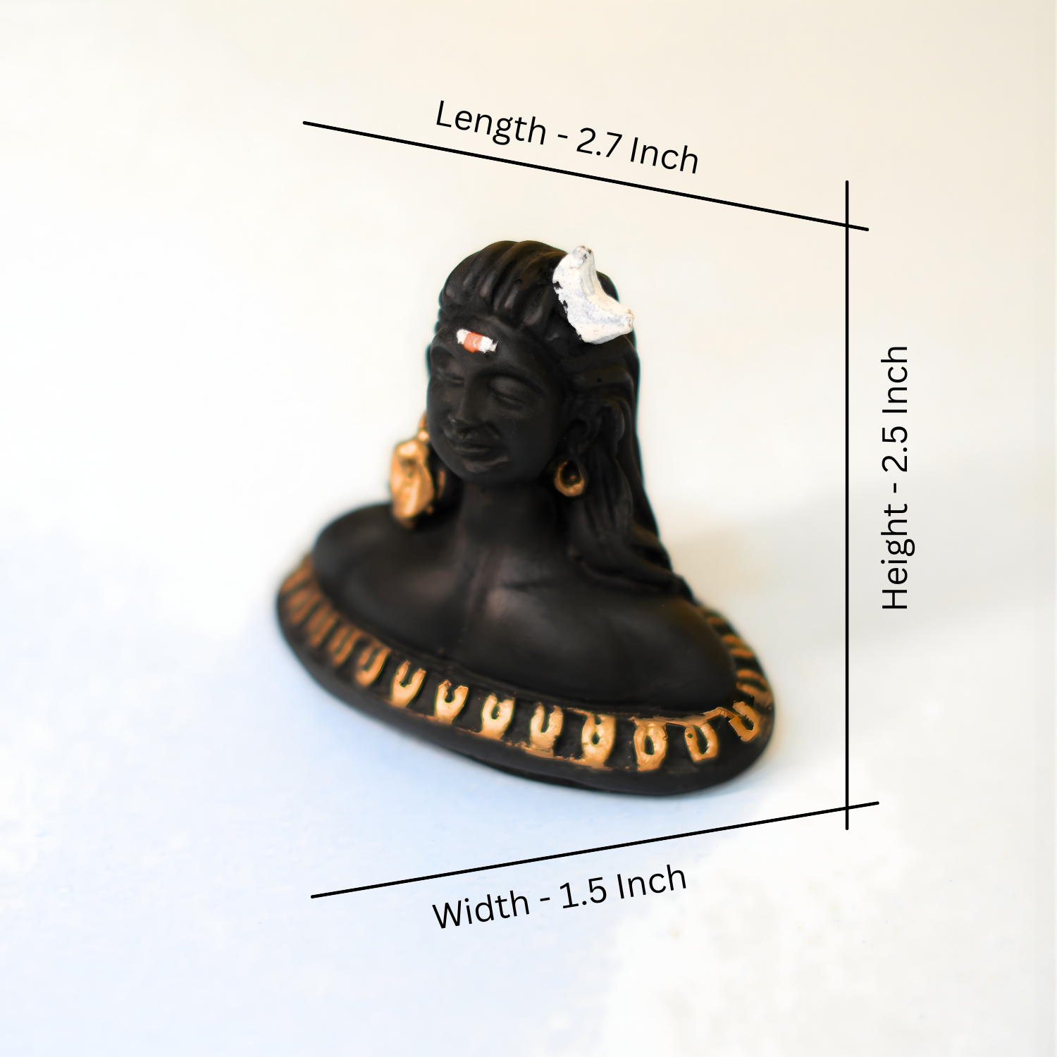 Black figurine with measurements on a white background