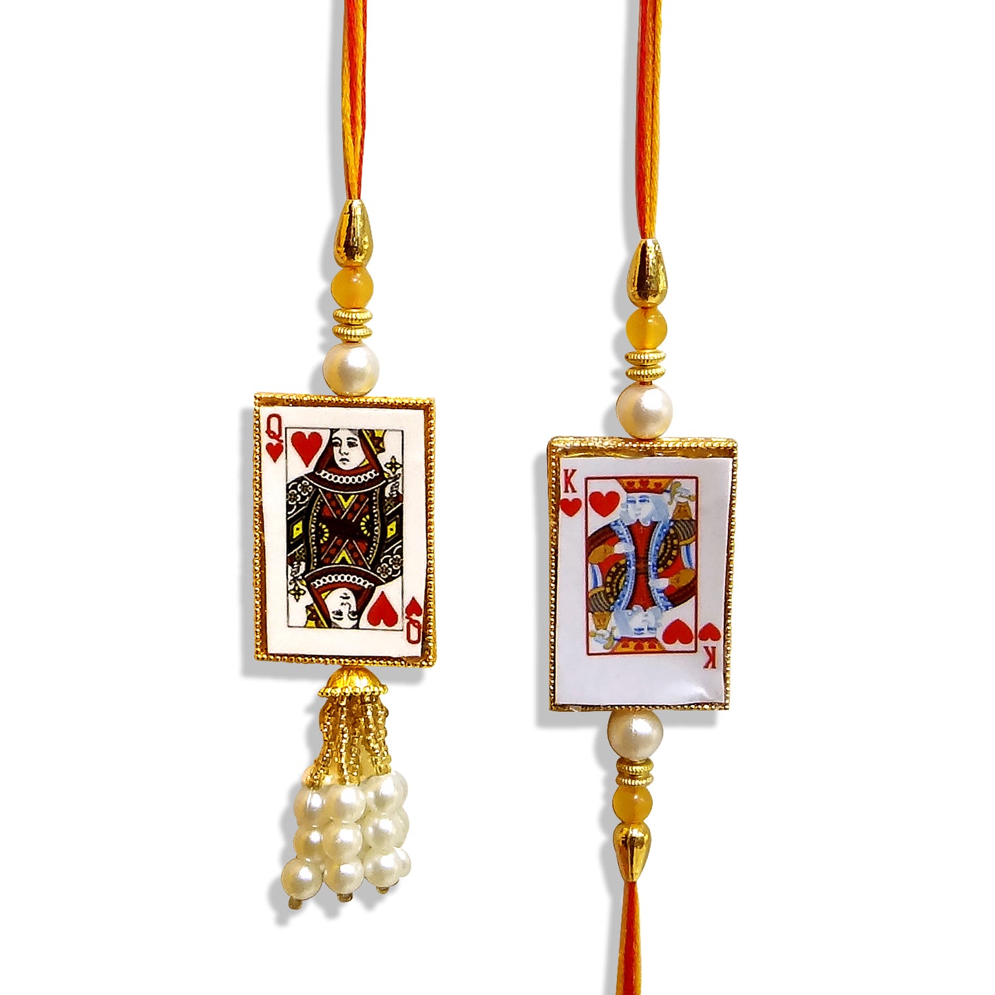 Elegant Badshah Queen Playing Card Bhaiya Bhabhi Lumba Rakhi Set with Pearl Tassels By Upharkaro
