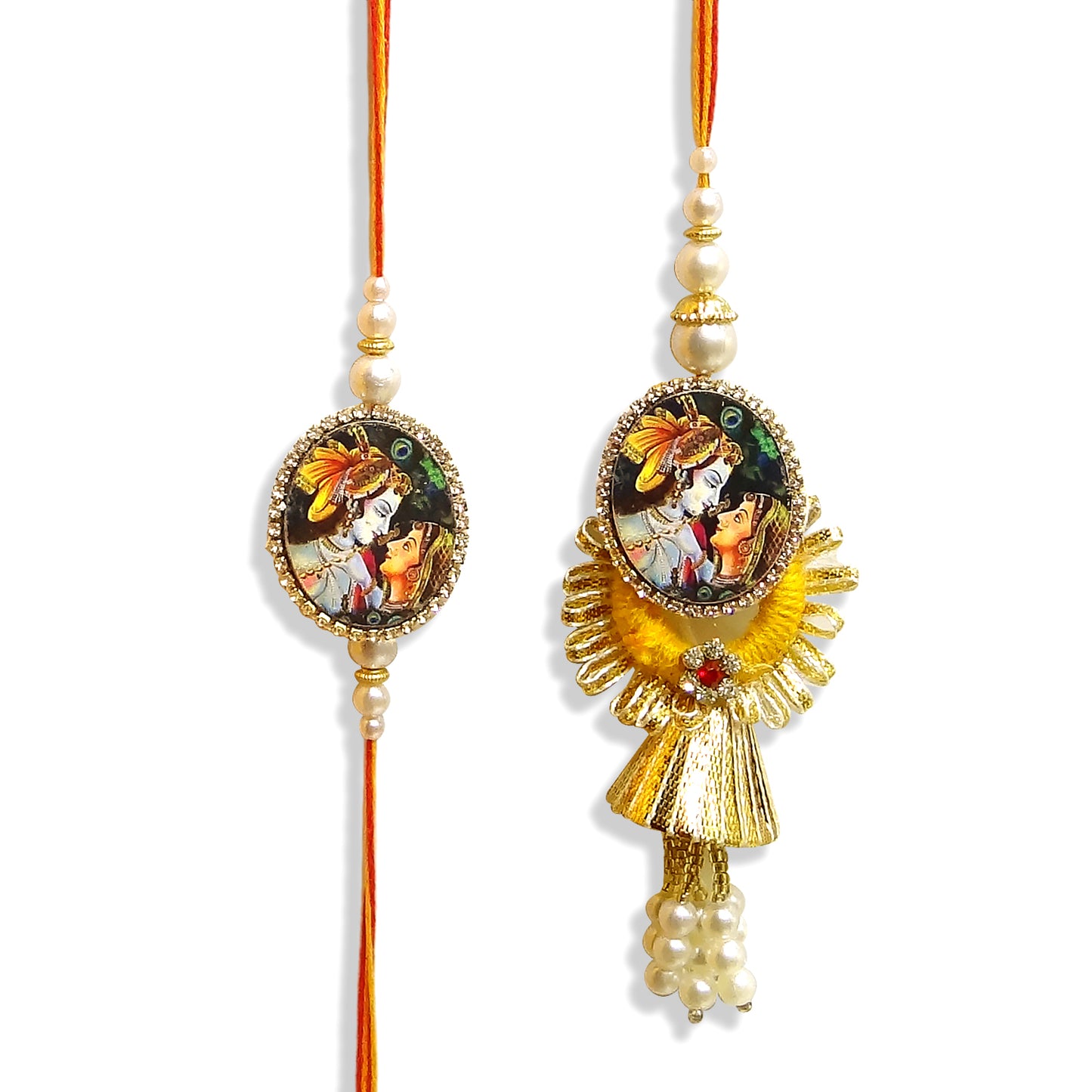 Divine Radha Krishna Bhaiya Bhabhi Lumba Rakhi Set with Pearl Tassels & Designer Couple Rakhi By Upharkaro