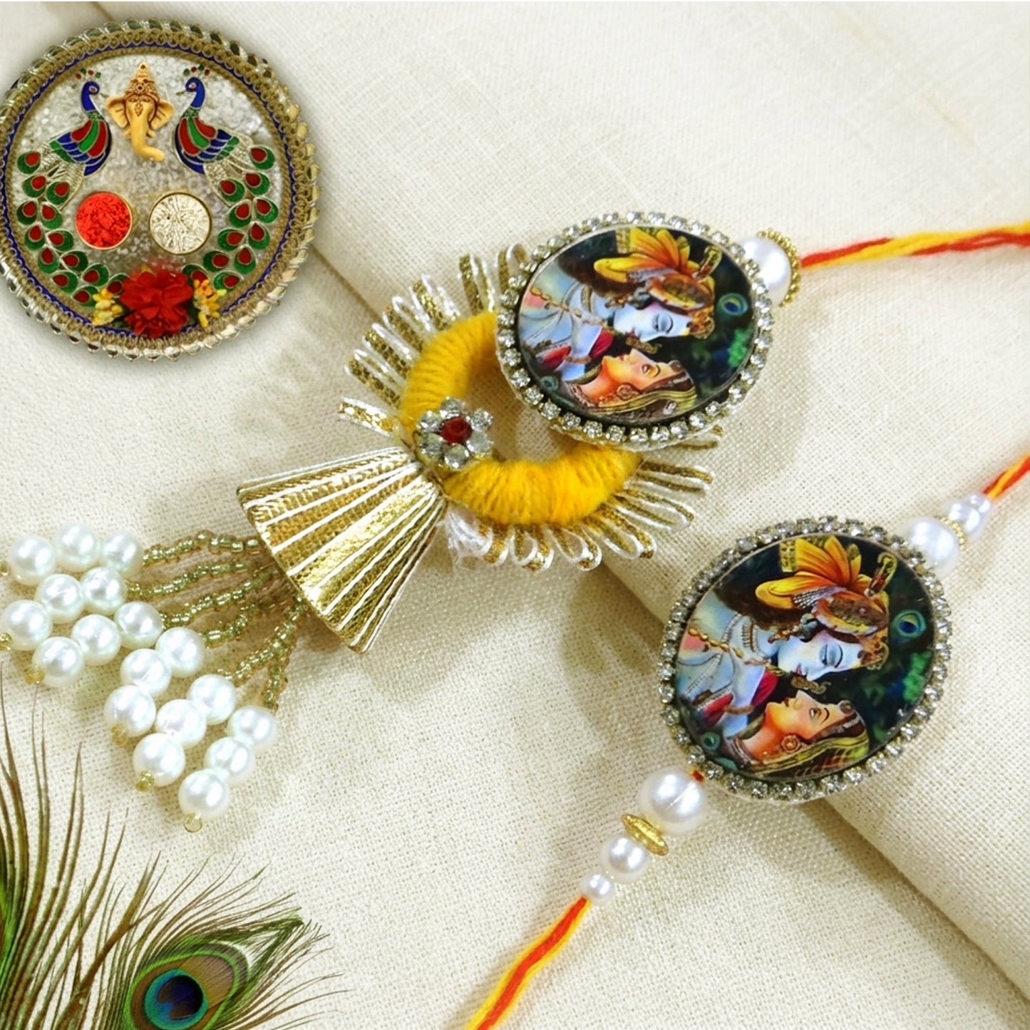 Divine Radha Krishna Bhaiya Bhabhi Lumba Rakhi Set with Pearl Tassels & Designer Couple Rakhi By Upharkaro