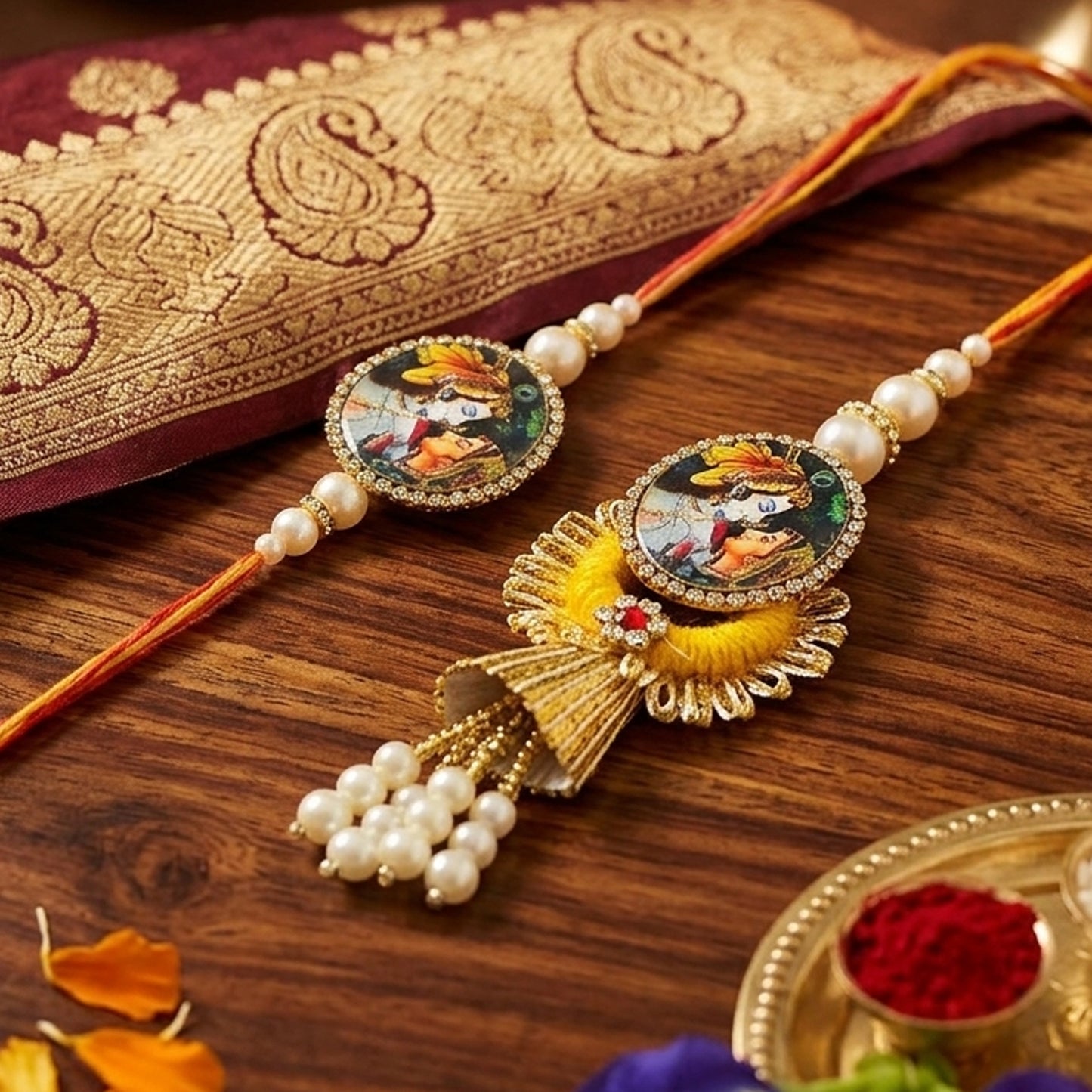 Divine Radha Krishna Bhaiya Bhabhi Lumba Rakhi Set with Pearl Tassels & Designer Couple Rakhi By Upharkaro