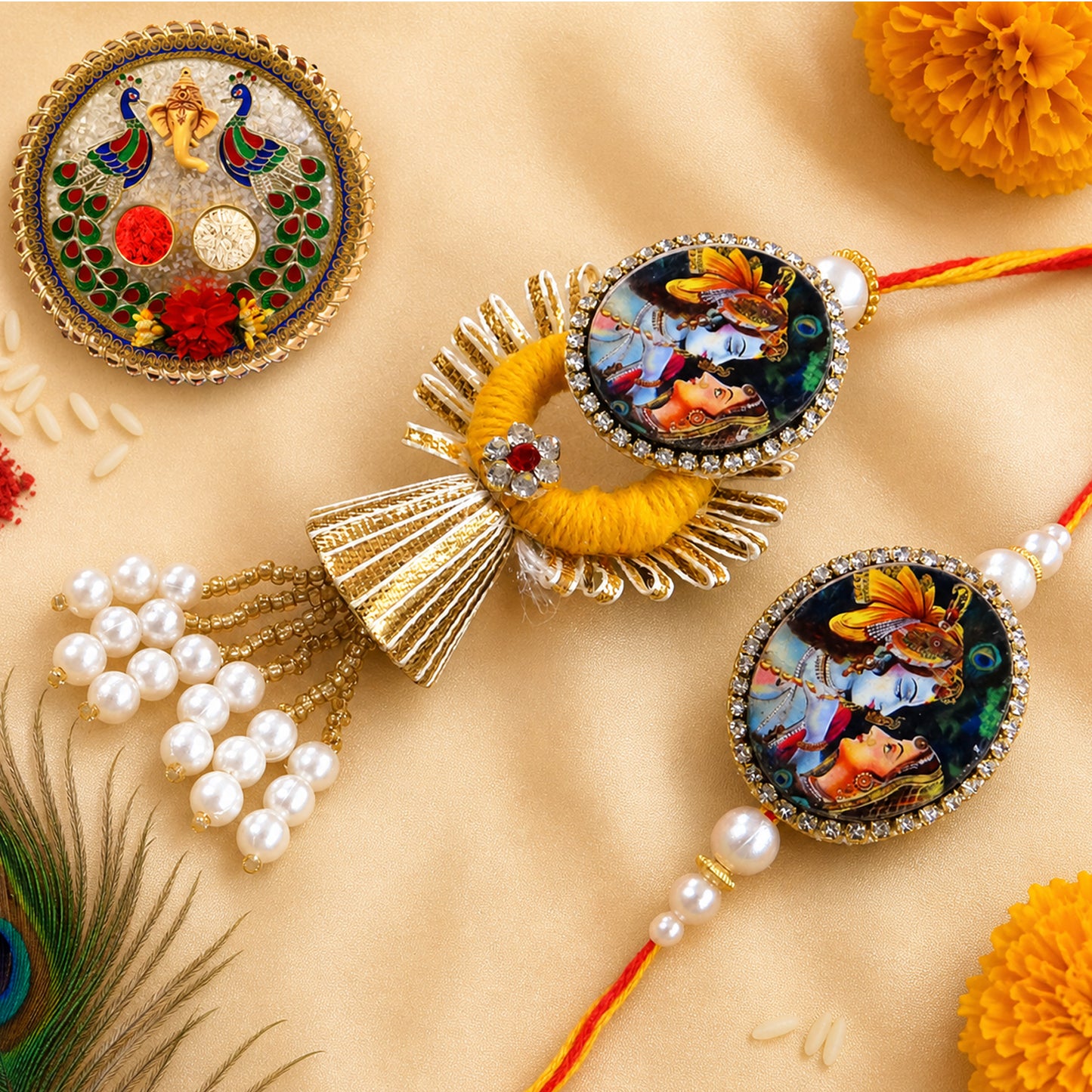 Divine Radha Krishna Bhaiya Bhabhi Lumba Rakhi Set with Pearl Tassels & Designer Couple Rakhi By Upharkaro