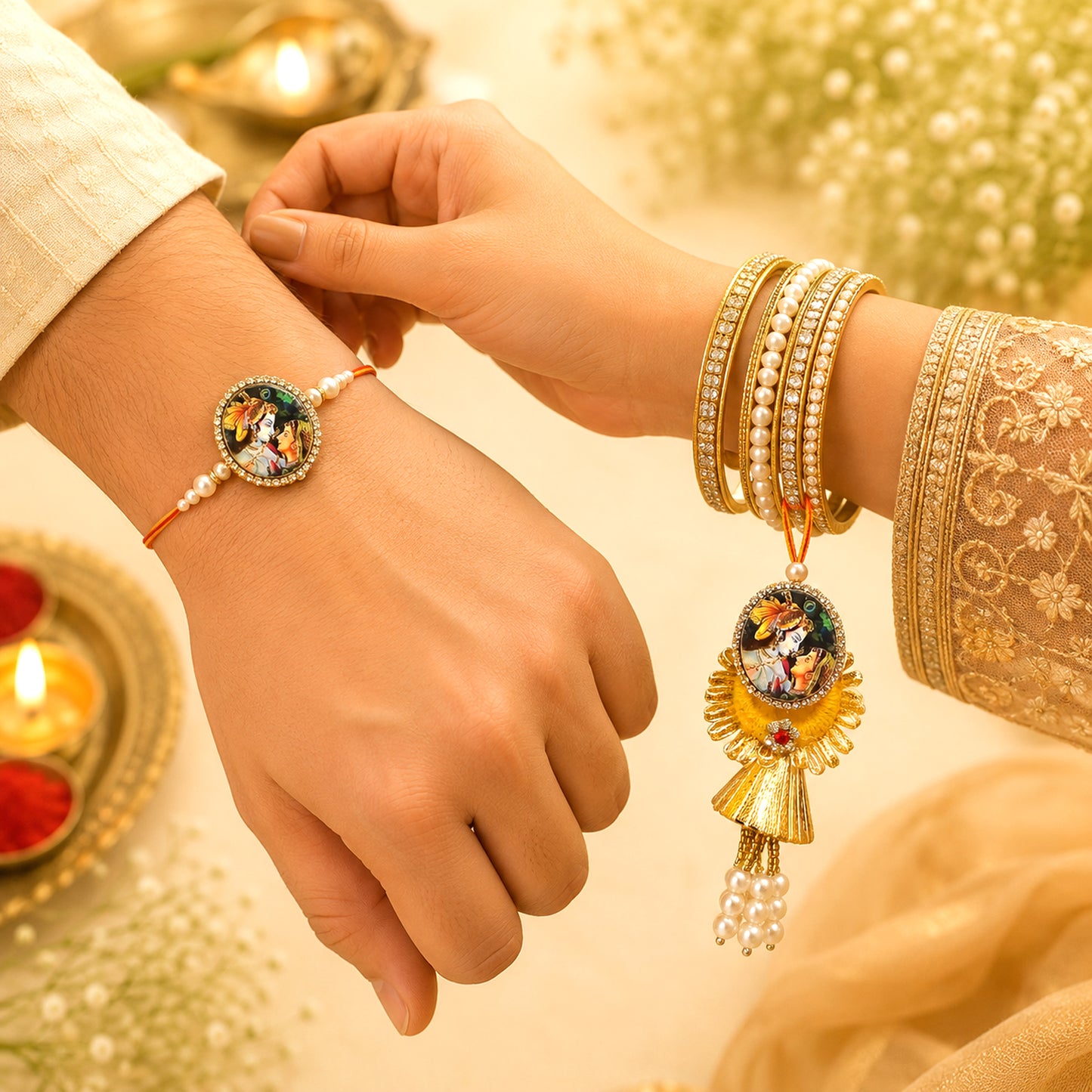 Divine Radha Krishna Bhaiya Bhabhi Lumba Rakhi Set with Pearl Tassels & Designer Couple Rakhi By Upharkaro
