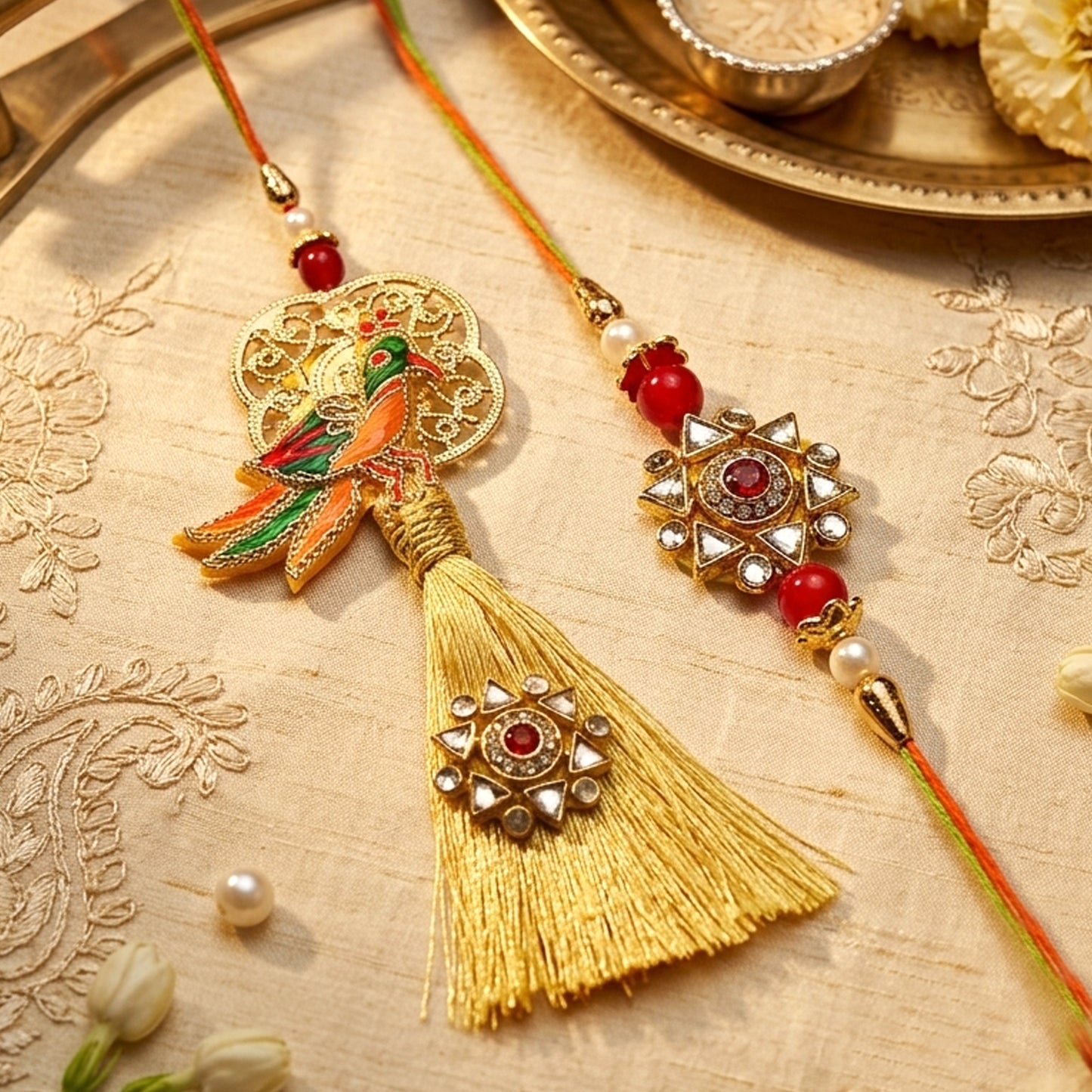 Royal Parrot Designer Bhaiya Bhabhi Lumba Rakhi Set with Golden Tassel Festive Gift for Rakhi By Upharkaro