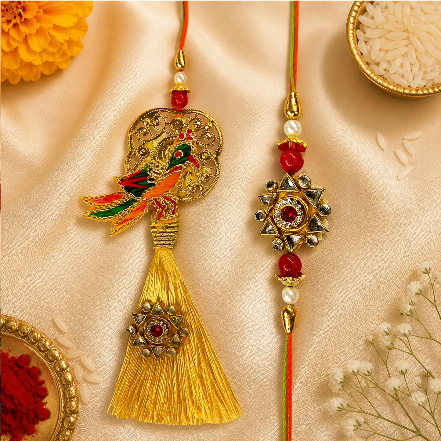 Royal Parrot Designer Bhaiya Bhabhi Lumba Rakhi Set with Golden Tassel Festive Gift for Rakhi By Upharkaro